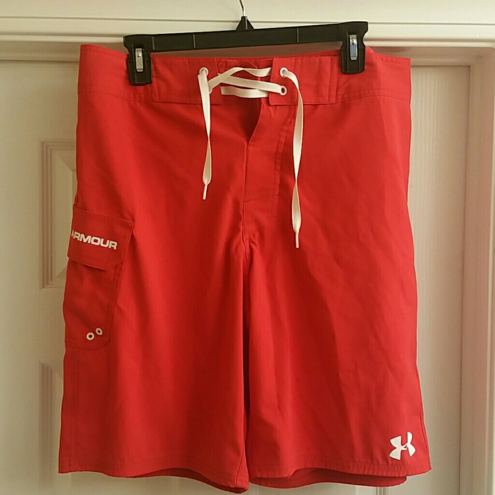 UNDER ARMOUR, BOARD SHORTS, RED, 34 WAIST